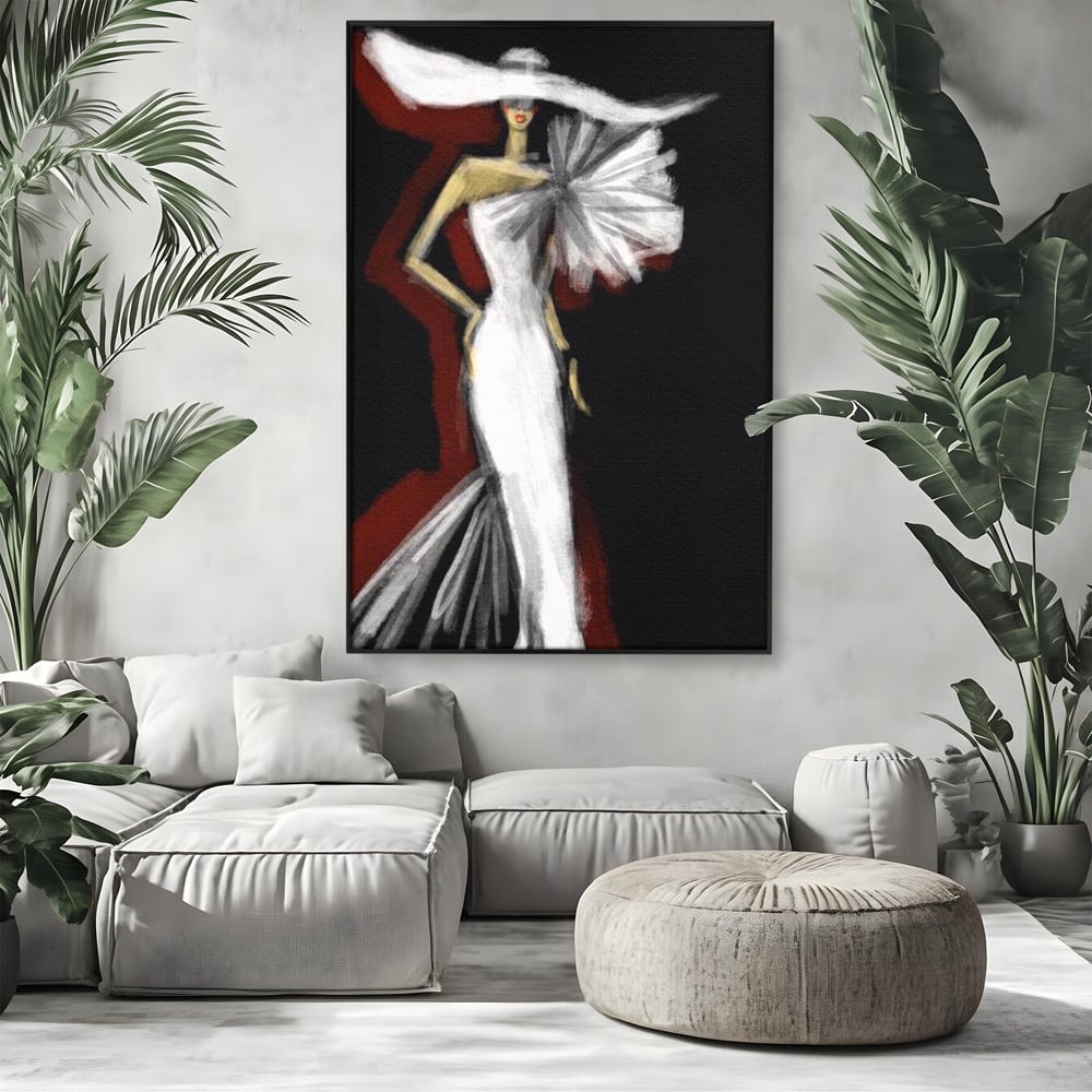 Tablou canvas cu ilustratie cu manechin in rochie alba, in rama de aluminiu negru, pe perete intr-un living